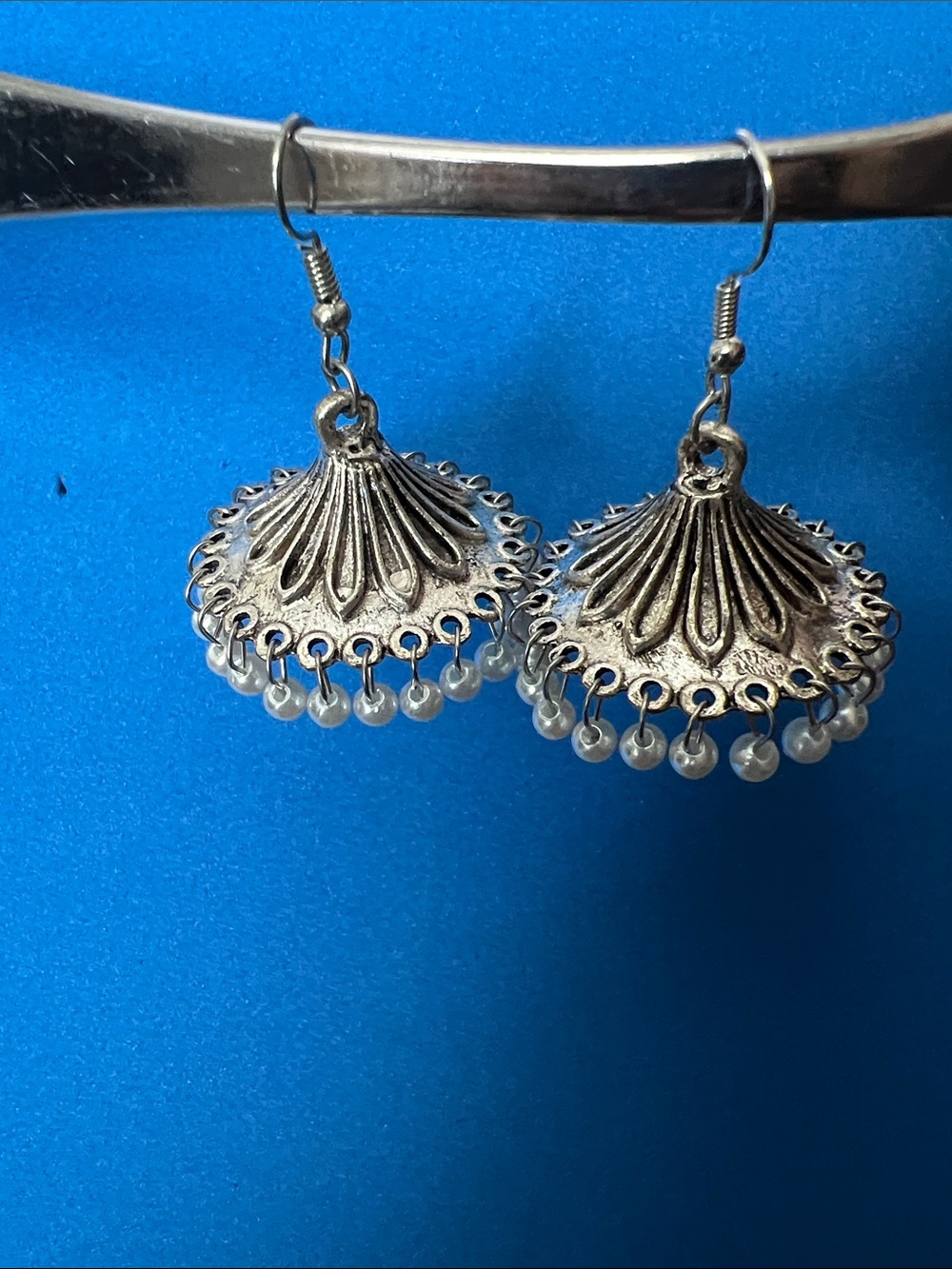 Silver-Tone Jhumka Earrings with White Pearl Dangles